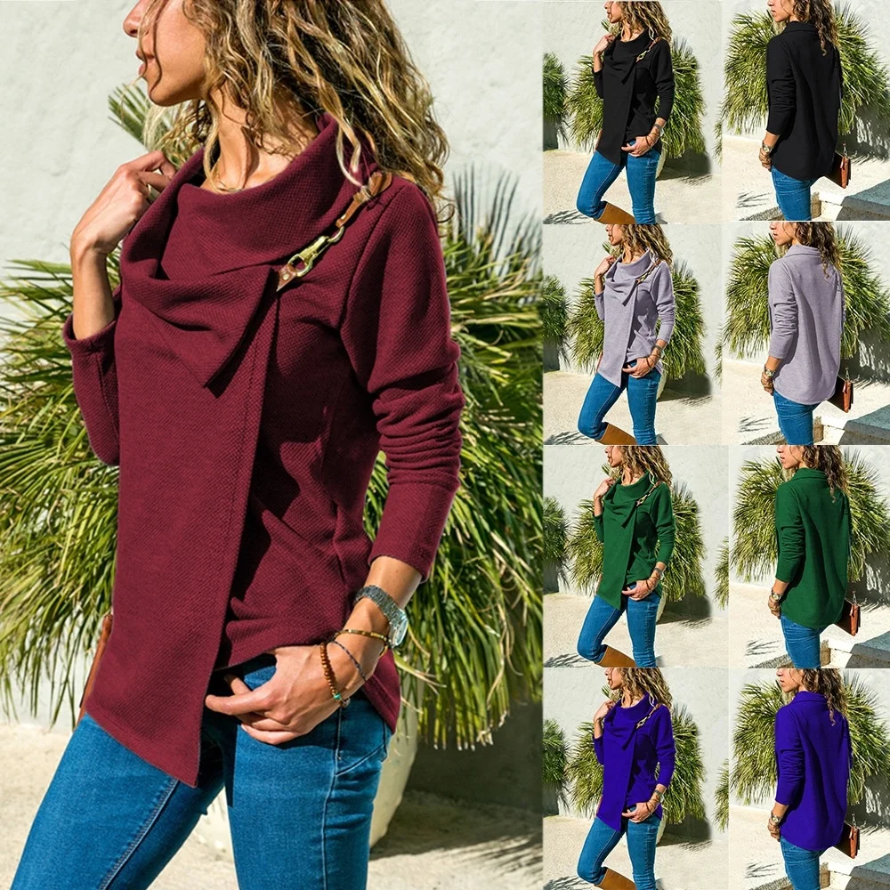 Женский Асимметричный топ с воротником-хомутом и пряжкой длинным рукавом теплый