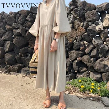

TVVOVVIN New Korean Style Women Long Dress Loose Pluz Size Cotton And Linen Dress Female Summer 2019 Women Clothing F253