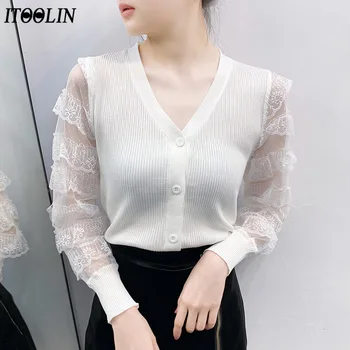 

ITOOLIN Women Chiffon Blouse Female shirt 2020 Autumn Summer V-neck Lace Hollow Out Top Embroidery Long Sleeve Patchwork Shirt