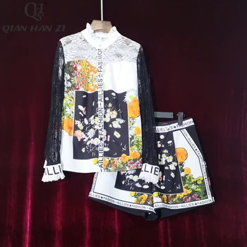 

Qian Han Zi 2020 designer fashion runway 2-piece set Women lace long sleeve printed shirts and patterns Button mini shorts suit