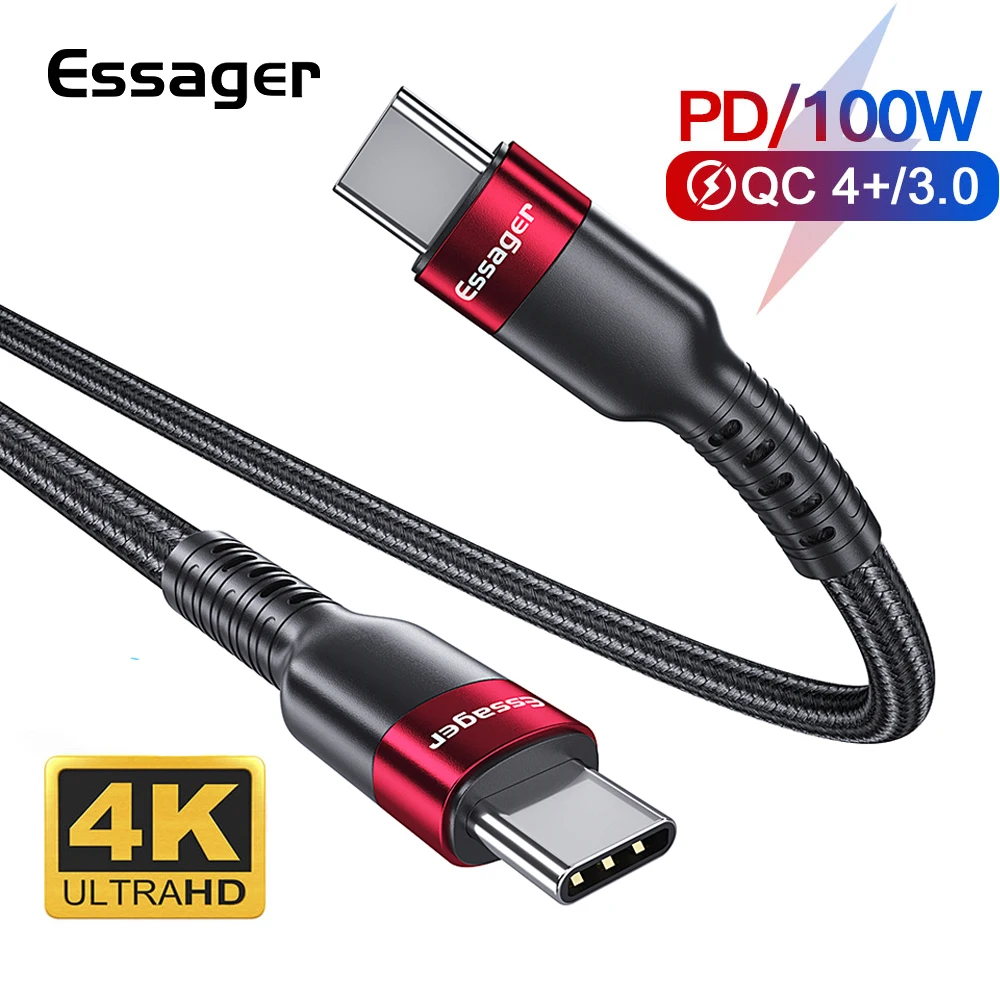 Кабель Essager type-C-USB C Quick Charge 4,0 QC 3,0 USB 3,1 кабель для Xiaomi Redmi Note 8 7 100 Вт PD USBC провод для MacBook Pro