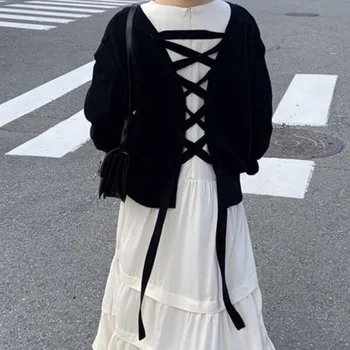 

Chic All-match Sweater With Back Lace Knit Cardigan Korea Loose V-neck Design Single-breasted Pullover Japanese Style Women Top