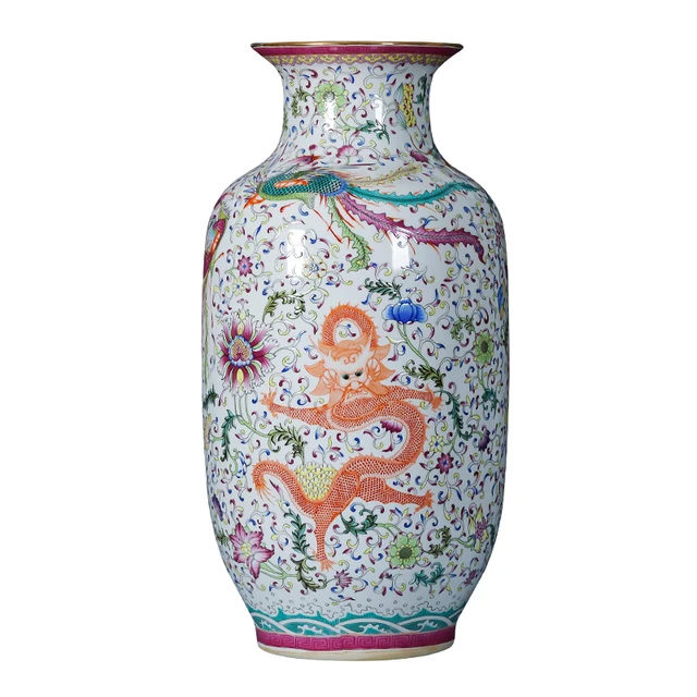 Jingdezhen Ceramic Floor Vase Pastel Antique Porcelain Vase Dragon Phoenix Large Vase  Gourd Vase Retro Home Decoration 1