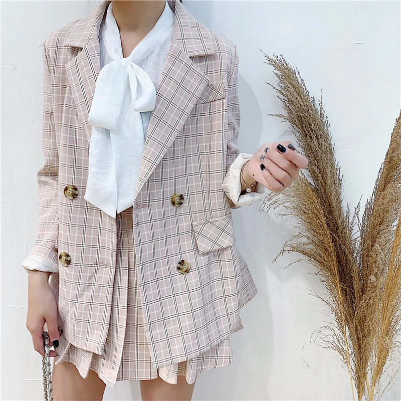 

2019 New Plaid Long-sleeved Jacket + Pleated Skirt Autumn Fashion Suit Suit Skirt Temperament Office Lady Women Sweatsuits Sets