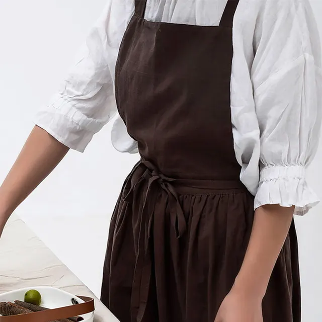 Japanese Apron Pinafore Dress Fashion Korean Work Gown Apricot with Long Waist Tie for Women Kitchen Cooking Baking Robe TJ3648 5
