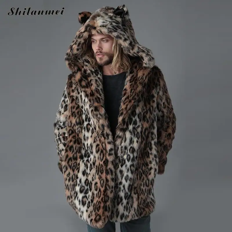 

2019 Winter Male Leopard Fur Jacket Long Style Hooded Fur Overcoat Warm Men Fur Outerwear Plus Size Faux Fur Jacket For Men 4xl
