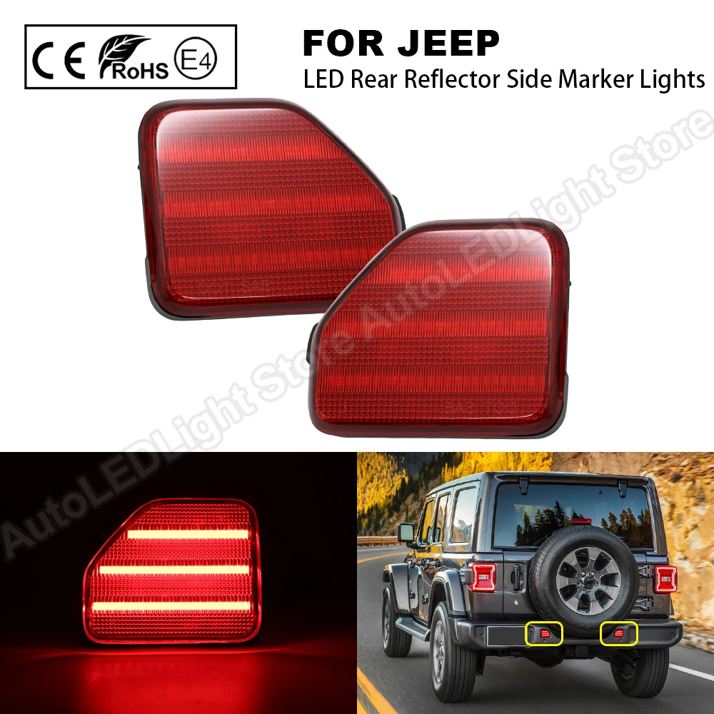 

2Pcs For JEEP WRANGLER 2018 2019 2020 Red lens LED Rear Bumper Reflector Side Marker Lights Lamp Tail Light Full LED