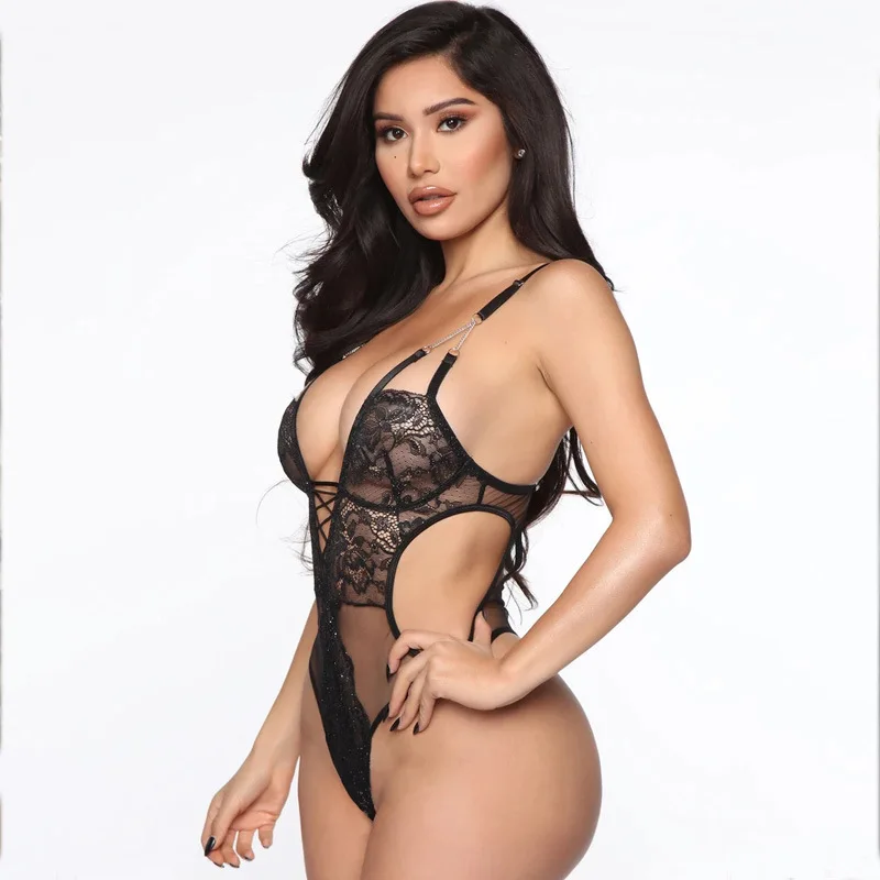 long sleeve bodysuit YiDuo Deep V-Neck Plunge Strappy Sheer Black Sexy Lace Bodysuit Club Women Body See Through Backless Bodysuit Thong Teddy Mesh nude bodysuit