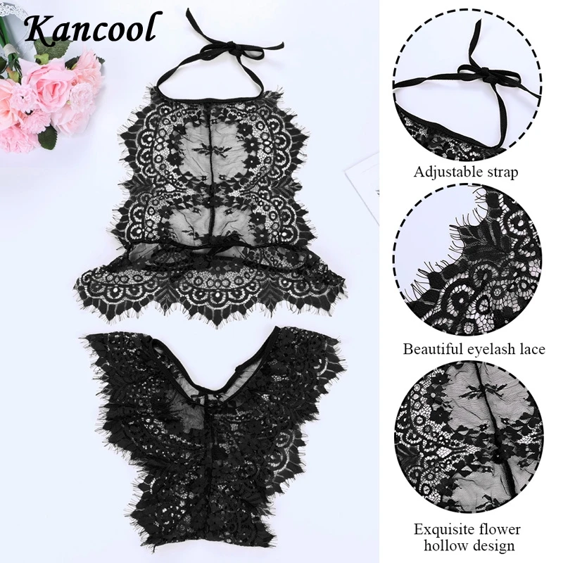 KANCOOL Hot Three Point Teddies Women's Pajamas Eyelash Lace Hollow Lingerie Sets Large Size Sleepwear Sexy Babydolls Underwear