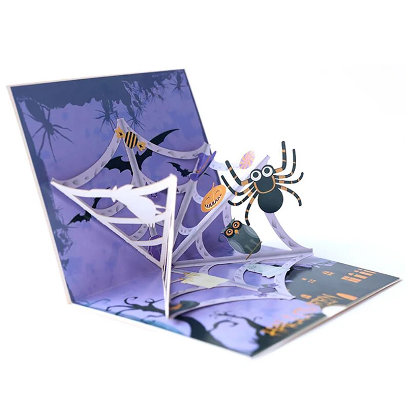  Creative 3D Greeting Card Carving Paper-cut Spider Cobweb Greeting Card Halloween Party Invitation  - 4000172923967