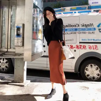 

Women Autumn Knit 2 Pieces Suit Lantern Sleeve Winter Warm Casual Sweater Pencil Skirt Solid Sets Knitted Two Pieces Suits