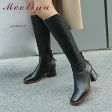 Meotina/Осенние Сапоги до колена женские высокие сапоги из натуральной кожи на толстом высоком каблуке обувь на молнии с квадратным носком женская зимняя обувь, размер 43