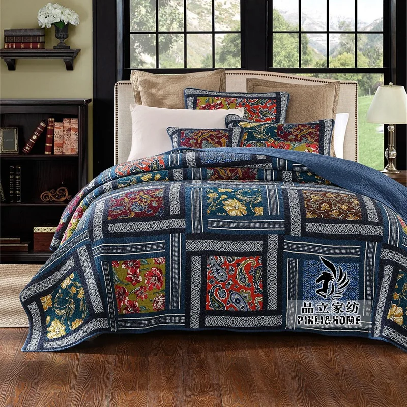 

Quiltedtextiles Washing Quilt Airable Cover American-Style Handmade Block Bed Cover Three-piece Bed Sheet Set