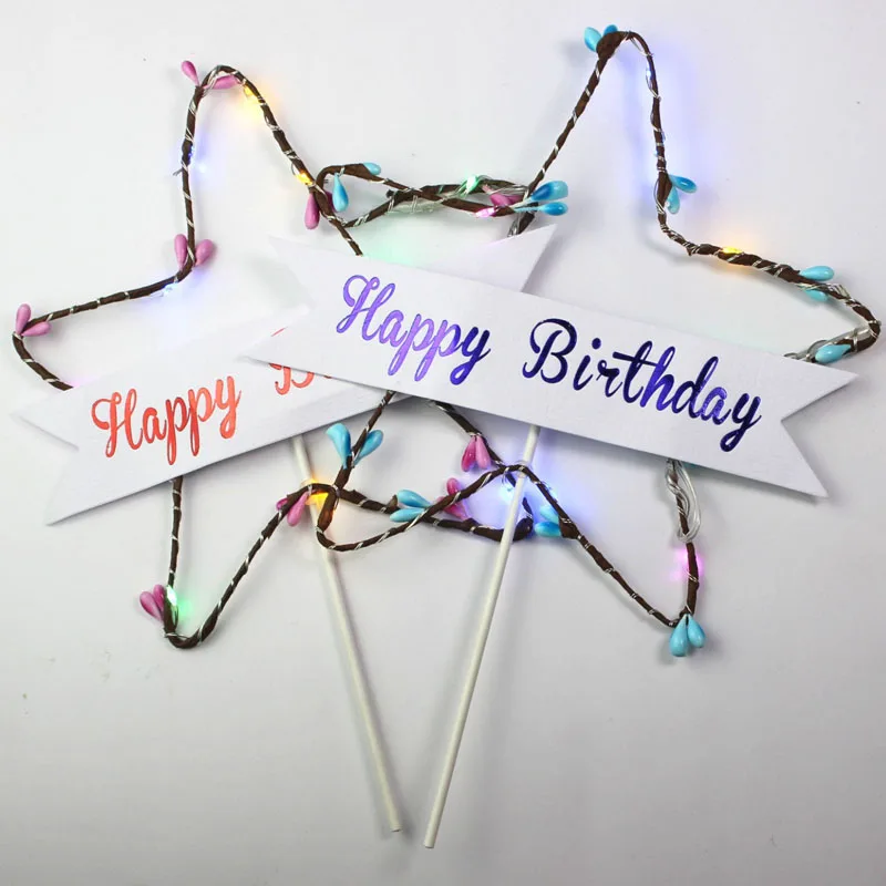 Joyeux anniversaire gâteau Topper étoile paillettes étoile lumière rouge bleu LED lumineux gâteau carte haut drapeau décoration pour fête d'anniversaire jouets