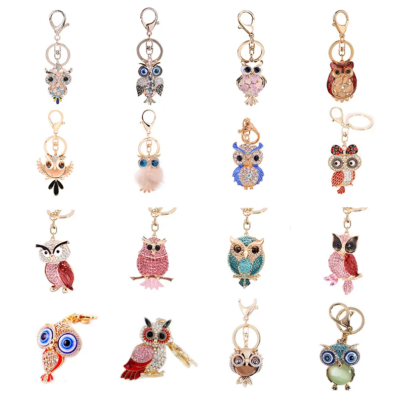 

16 Style Cute Owl Crystal Keychain Rhinestone Pompon Animal Key Chain Key Ring Women keyholder Bag Pendant Key Car Charm Gift Z2
