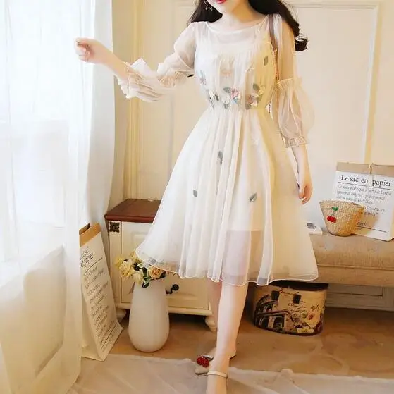Vestido de festa, Осеннее женское платье принцессы, 2 предмета, Цветочная вышивка, три четверти, рукав-фонарик, сетчатые вечерние платья WF301