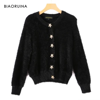 

BIAORUINA Women's Pentagram Beadings Single Breasted Fluffy Knitted Cardigan Office Lady Elegant V-neck Fashion Sweater