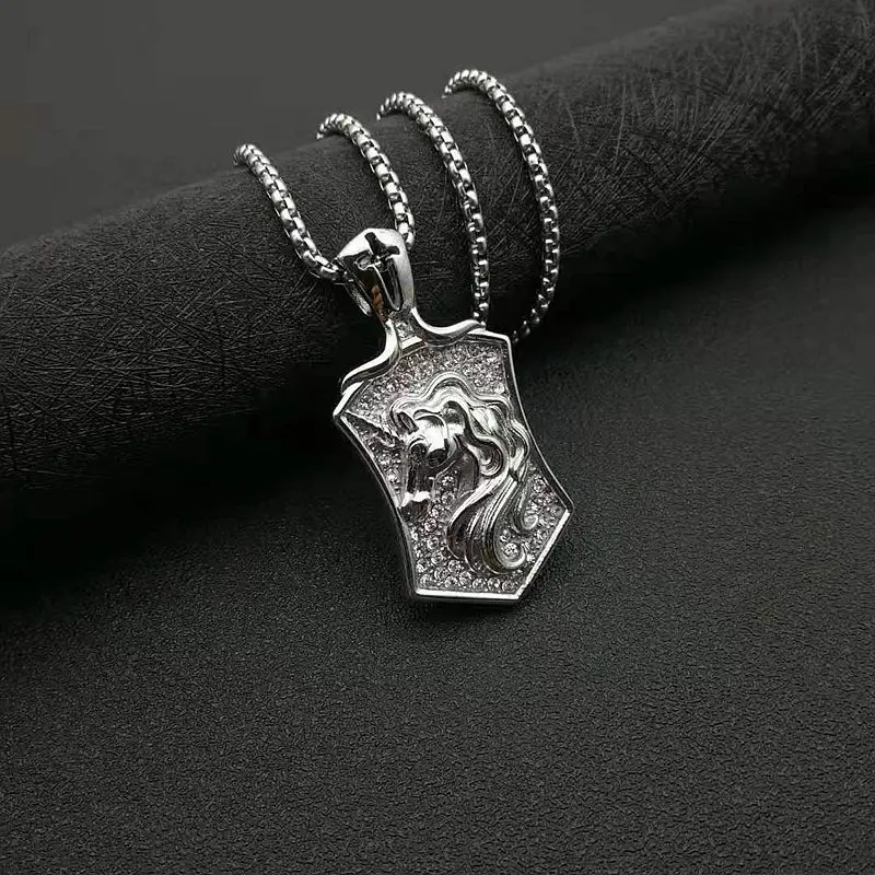 

POTCET Neutral Stainless Steel Horsehead Unicorn Titanium Steel Pendant Necklace Geometric Fashion Hip Hop Party Jewelry