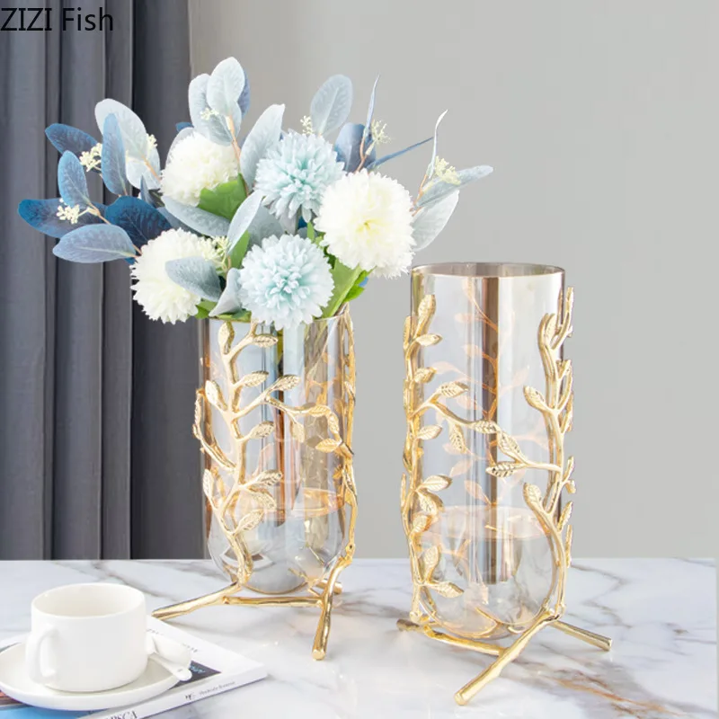 Hollow Gold Metal Frame Branches Rattan Transparent Glass Flower Vase 1