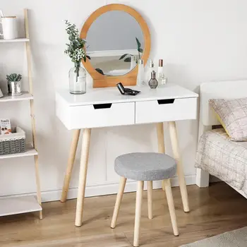 

Modern Dressing Table With Stool 80X40X128CM With Round Mirror Makeup Table Bedroom Wooden 2 Drawers Non-slip Dressing Desk HWC