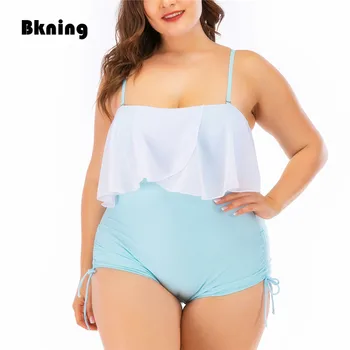 

Plus Size Swimsuit One Piece Bathing Suits Woman 2020 White Ruffle Swim Suit 1 Pieces Back Rope Beachwear Fat Big Large L- 4XL