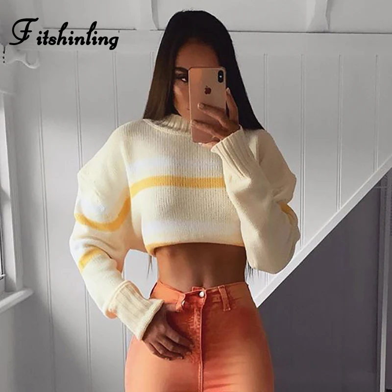 Fitshinling полосатый желтый свитер женская одежда трикотаж Повседневный Boho пуловер тонкий длинный рукав свитера Зимние джемперы