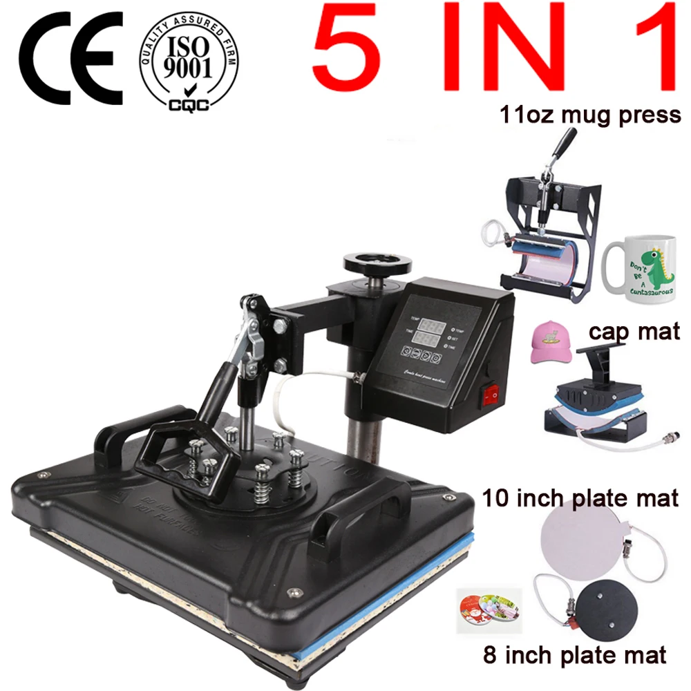 Free Shipping Double Display 30*38CM 5 in 1  Sublimation Printer Combo Thermal T-shirt Heat Press Machine For Cap/Mug/Phone st110 free shipping mini pneumatic vertical multi function heat transfer press thermal printing mug cup machine