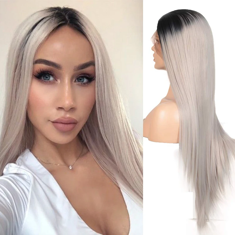 

RONGDUOYI Side Part Heat Resistant Wig Two Tone Grey Synthetic Lace Front Wig Long Silky Straight Ombre Gray Wigs for Women