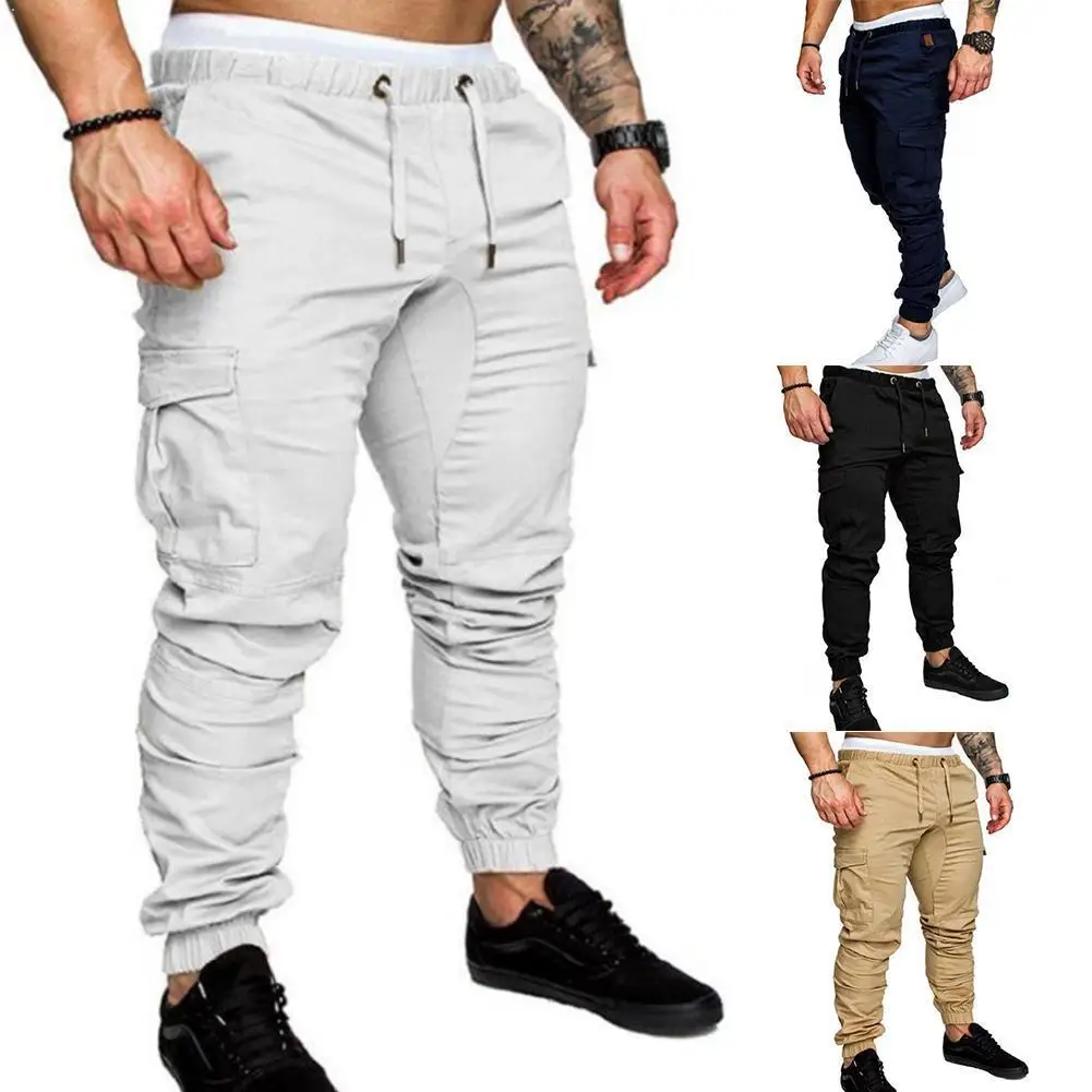 

Men Casual Solid Color Pockets Waist Drawstring Ankle Skinny Tied Cargo Pants F8V4