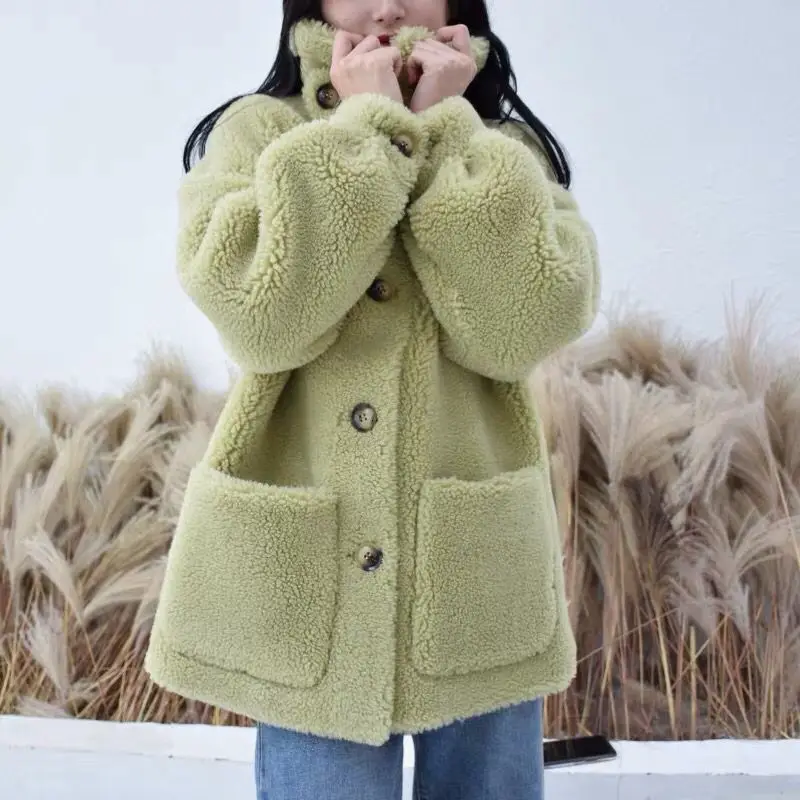 Пальто из искусственного меха размера плюс, зимнее меховое пальто для женщин, 30% натуральный овечий мех, шерстяные куртки, пальто для женщин, пальто, модная женская одежда - Цвет: Green