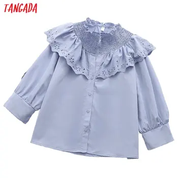 

Tangada women ruffle blue embroidery shirts long sleeve solid elegant office ladies work wear blouses 1D301