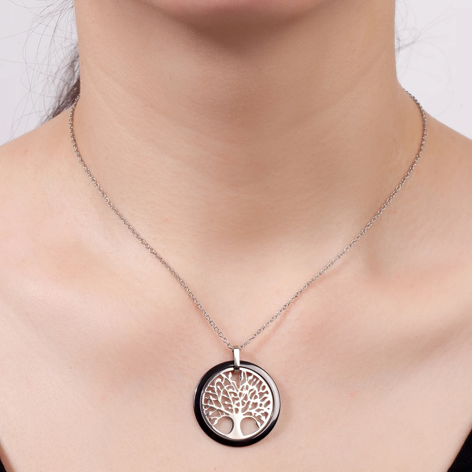 Новая черная белая керамическая круглая подвеска, ожерелье Древо жизни для женщин с серебряной цепочкой 42 см, керамические ювелирные изделия из нержавеющей стали