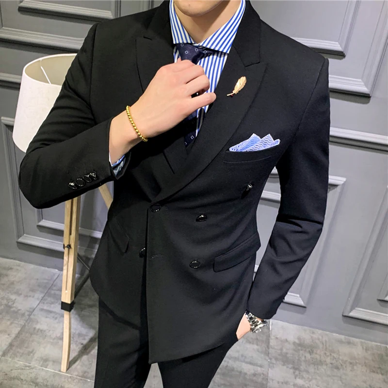 

Black Double Breasted Men Suits for Business Wedding 2 Pieces Formal Groom Tuxedo Slim Fit Male Fashion Jacket with Pants 2021