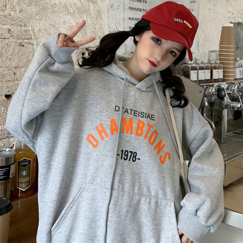 Толстовки женские плюс бархатные толстые пары BF Harajuku уличная негабаритная 2XL Студенческая с капюшоном с буквенным принтом Kpop Ulzzang Женский пуловер s