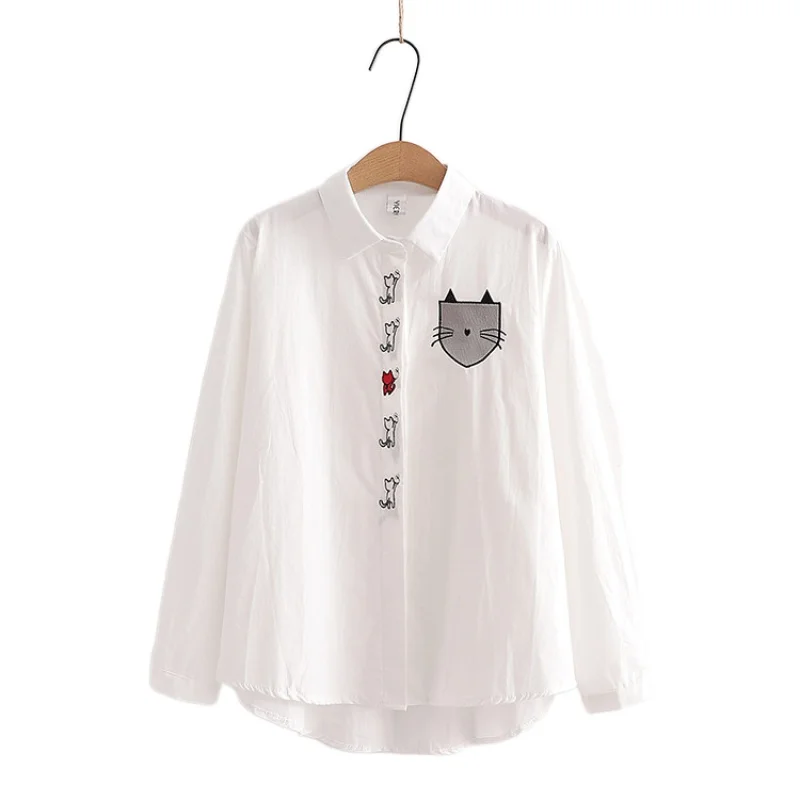 

Womens Tops And Blouses Turn-down Collar Japan Style Fresh Spring Autumn Cat Embroidery Solid Color Long Sleeve Shirt 2011230