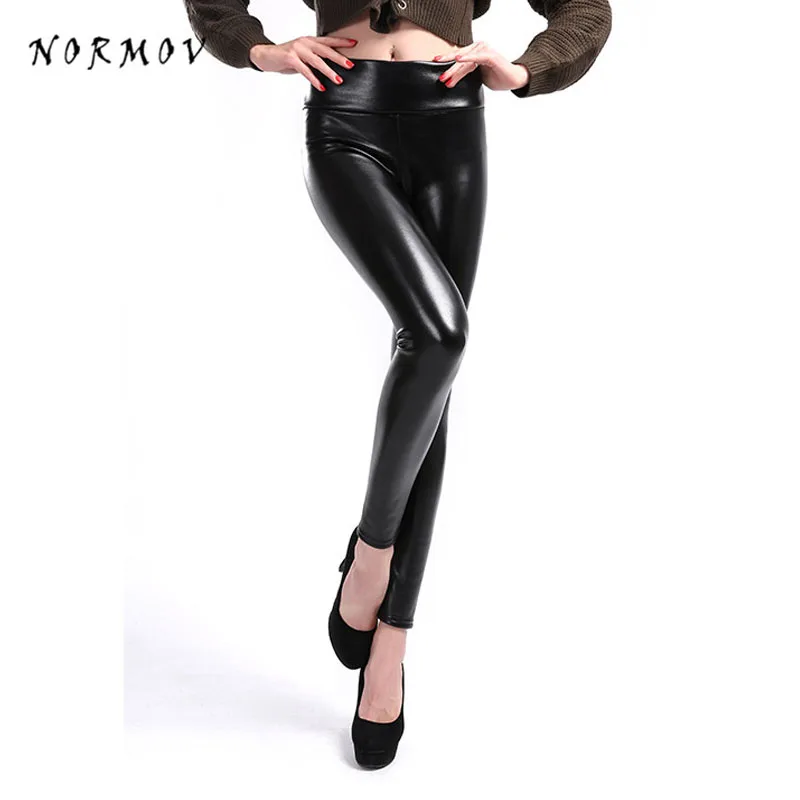 NORMOV, женские сексуальные кожаные леггинсы, высокая талия, обтягивающие, плюс бархат, теплые эластичные леггинсы, Осень-зима, женские, размера плюс, леггинсы