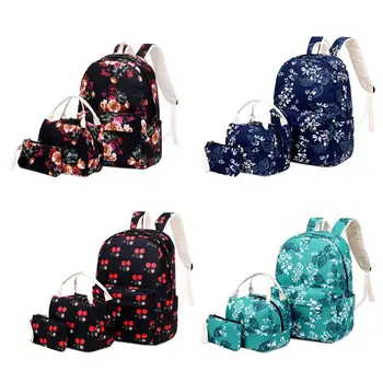 

3pcs Floral School Backpack Nylon Laptop Daypack Teenage Schoolbag Bookbag Bag Pencil Case Purse Set for Women Girls