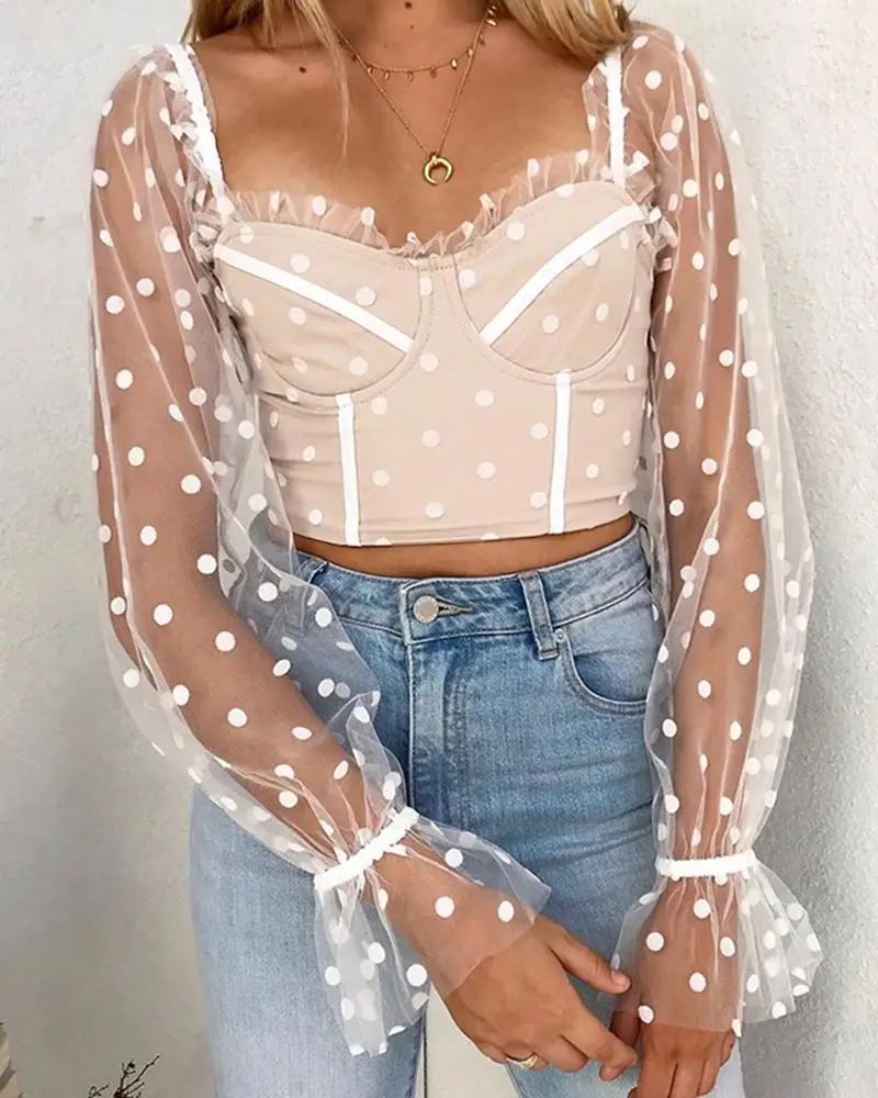 

Dot Print Sheer Bell Bottom Sleeve Blouse Tops Women Short Style Backless Casual Blouses
