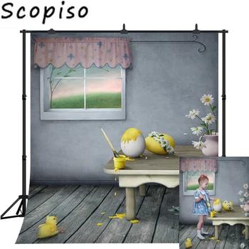 

Scopiso Background for Photo Studio Easter Egg Room Flowers Window Wood Floor Photography Backdrop Photo Shoot Prop