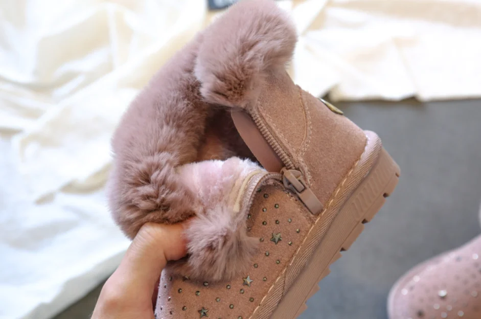 winter kids snow boots baby girls crystal shoes genuine leather fur pink ankle boots school children warm plush boots
