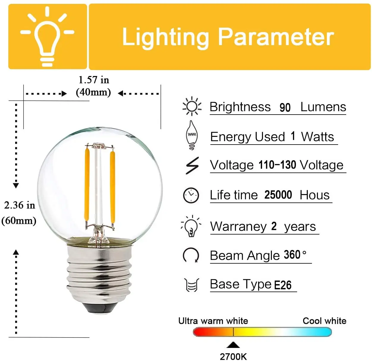 AMPOULE LED,G40G 3W2 PCSOuiE26 110VMini ampoule Globe G40, ampoules à Filament Edison 1W 3W