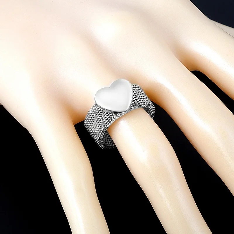 Stainless Steel Gold Color Ring Heart Shape Mesh Rings For Men Women Lover Jewelry Gift
