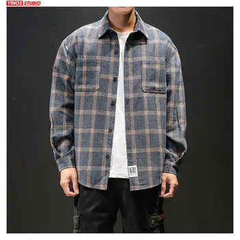 

Dropshipping 2020 Autumn Male Causal Cargo Striped Coat Cotton Male Long Sleeve Plaid Shirts Japanese Streetwear Thick Tops