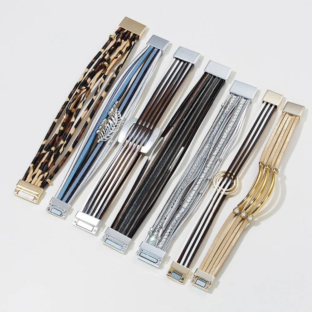 Винтажный Леопардовый кожаный лист для браслета, синие серебряные полосатые Стразы, многослойные магнитные пряжки, браслеты и браслеты, ювелирные изделия