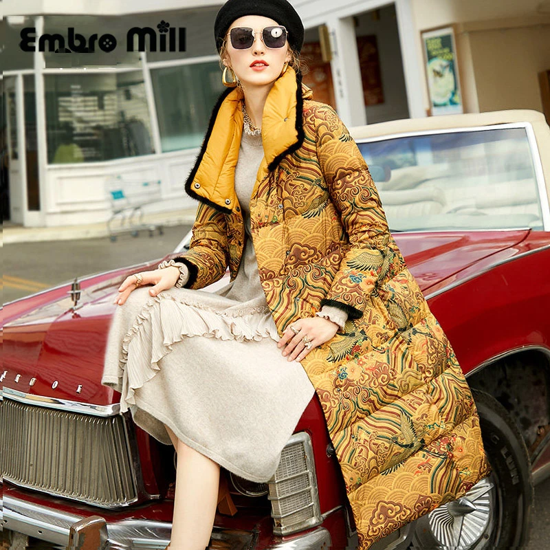 Chaqueta de plumas de ganso blanco de gama para mujer, abrigo largo de una hilera, estilo chino, piel de visón empalmada, S de plumón| - AliExpress