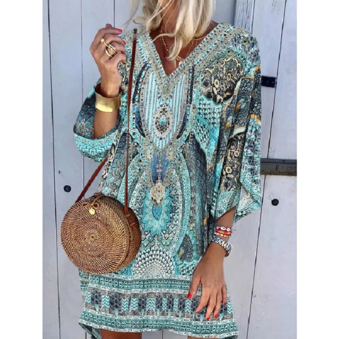 S-3XL Big Size Boho Dress Female Vintage Print Tops Long Sleeve Retro Loose Women Short Beach Dresses 2020 Autumn Fashion
