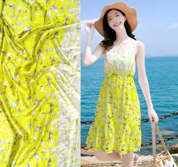 

Super Have 19 Momme Designer Yellow flowers Print Satin Fabric wide 140cm Woven Material For Curtain Cloth Dress 97% Silk Fabric