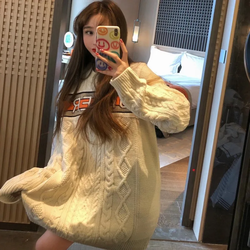 

High End Twist Knitting Jacquard Letter Casual Loose Collar Sweater Fashion Girl Sueter Mujer Pullover Women Sweter Mujer