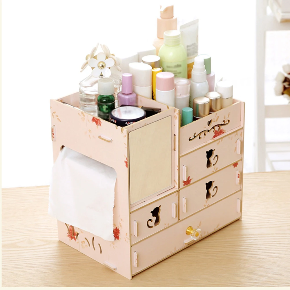 Коробка для хранения настольный органайзер для макияжа в сборе деревянная косметическая коробка для хранения емкость контейнер для ювелирных изделий Органайзер с зеркалом