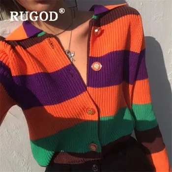 

RUGOD New Korean Color Blocking Sweater Women Fashion Streetwear Single Breasted Long Sleeve Knitted Coat Striped Cardigan Femme